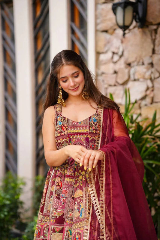 Maroon Color Jimmy Organza Silk Digital Printed Gown With Dupatta