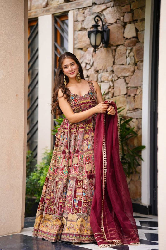 Maroon Color Jimmy Organza Silk Digital Printed Gown With Dupatta