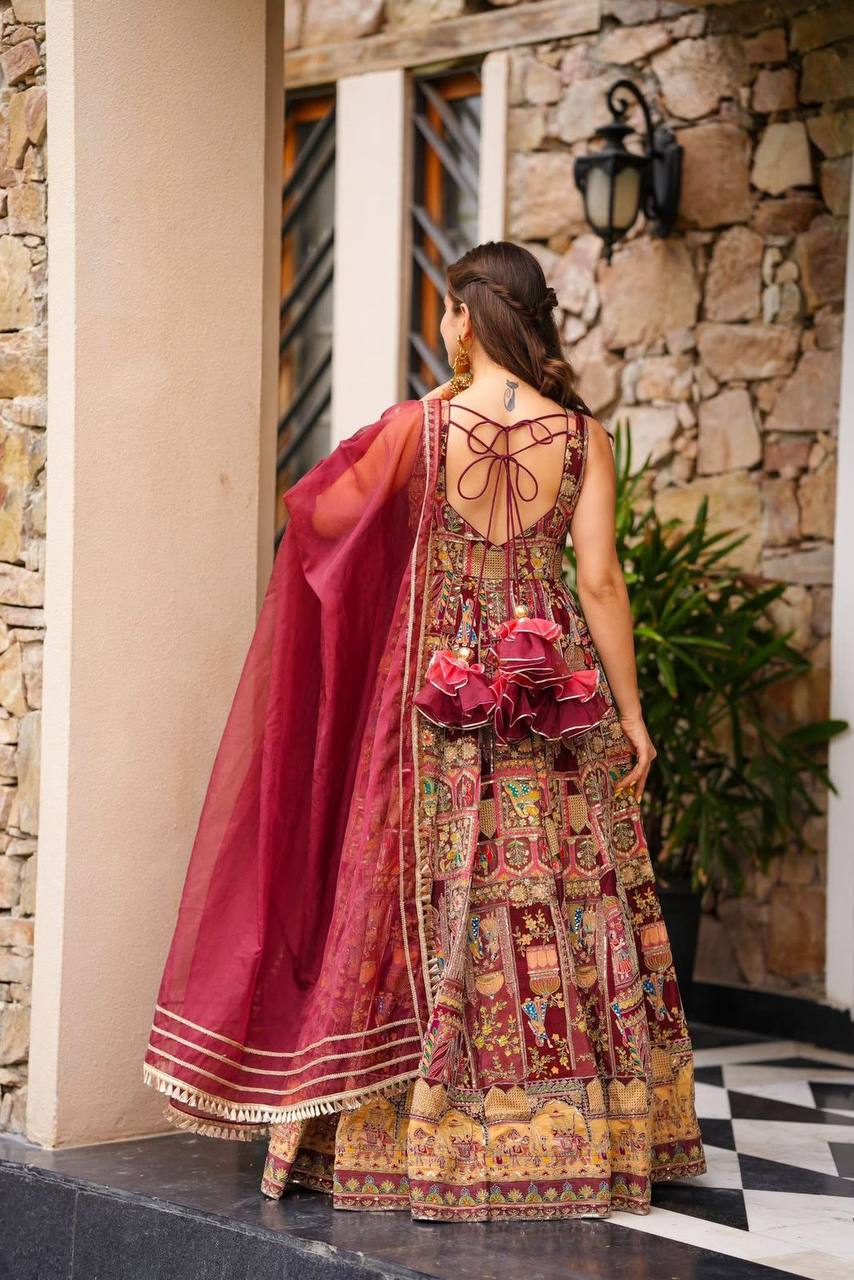 Maroon Color Jimmy Organza Silk Digital Printed Gown With Dupatta