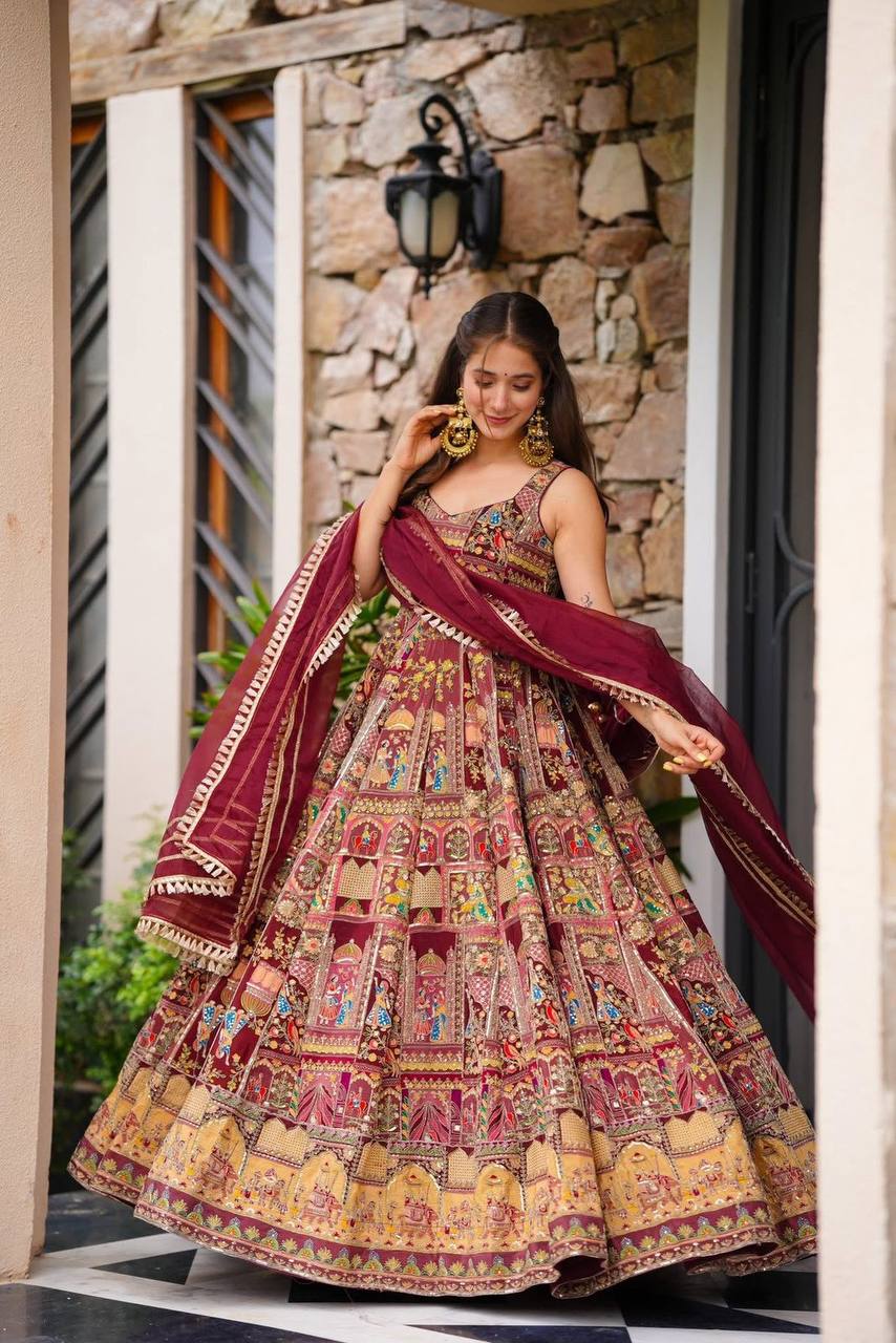 Maroon Color Jimmy Organza Silk Digital Printed Gown With Dupatta