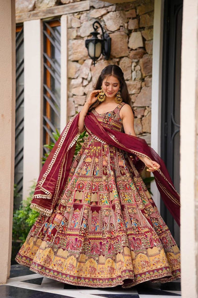 Maroon Color Jimmy Organza Silk Digital Printed Gown With Dupatta