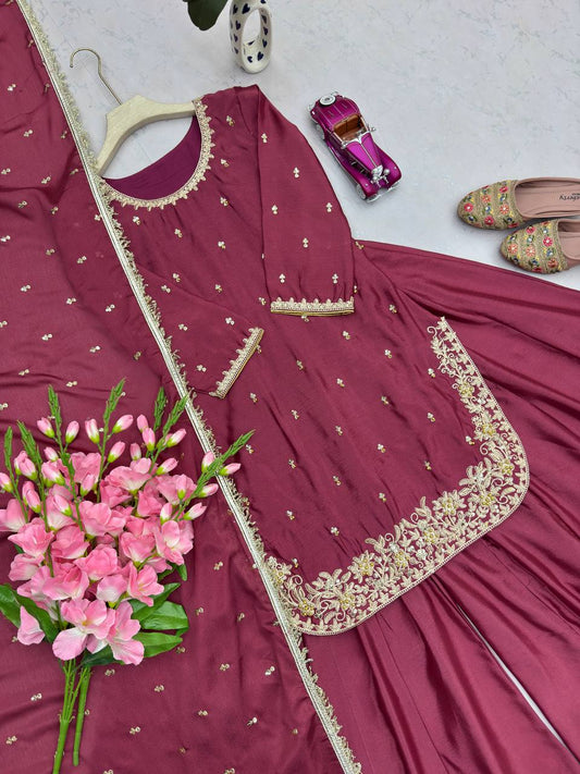 Plum Color Chinon Silk Wear Sharara Suit For Women