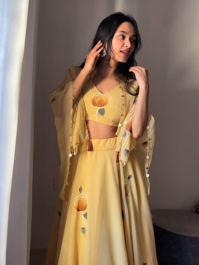 Yellow Color Georgette With Hand Painted Ready to Lehenga