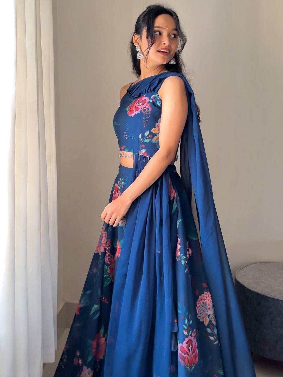 Royal Blue Color Georgette With Hand Painted Ready To wear Lehenga Choli