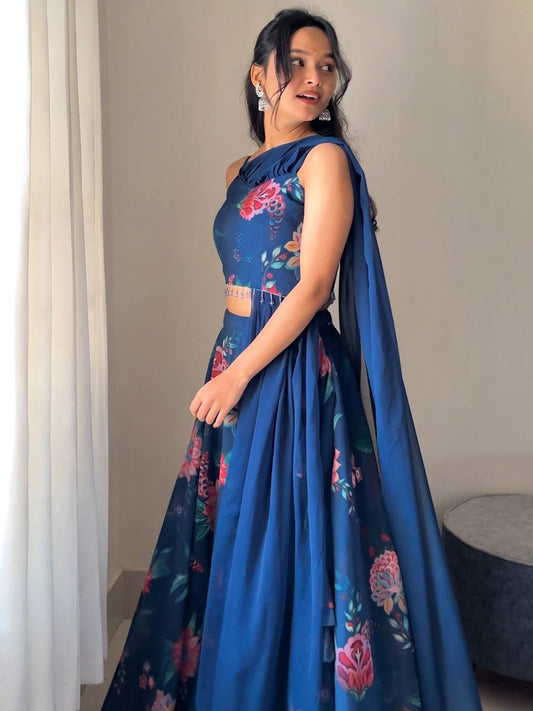 Royal Blue Color Georgette With Hand Painted Ready To wear Lehenga Choli