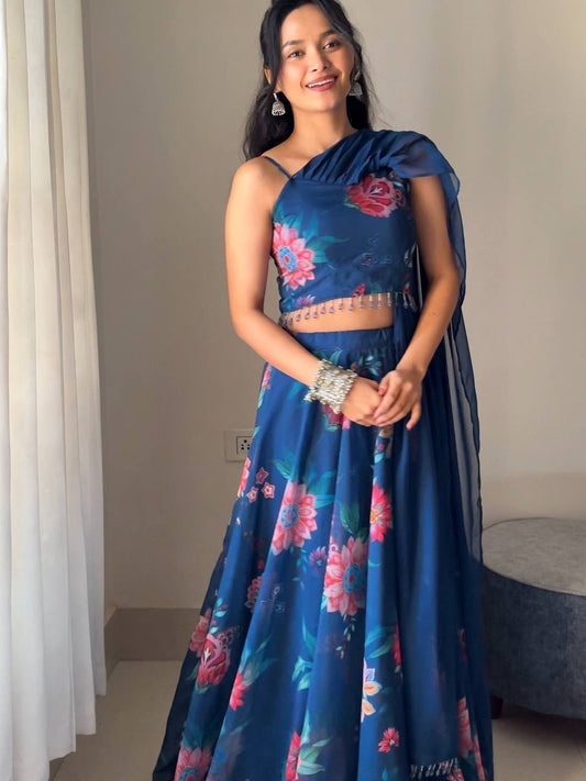 Royal Blue Color Georgette With Hand Painted Ready To wear Lehenga Choli