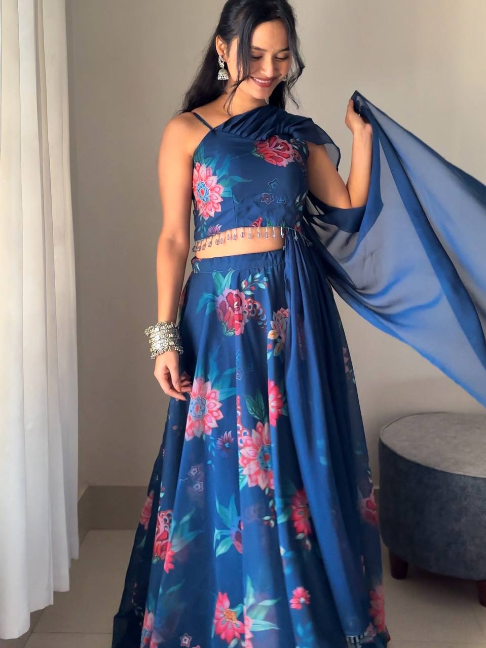 Royal Blue Color Georgette With Hand Painted Ready To wear Lehenga Choli