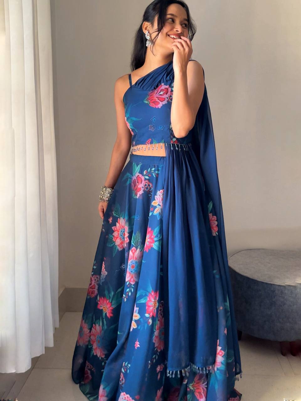 Royal Blue Color Georgette With Hand Painted Ready To wear Lehenga Choli
