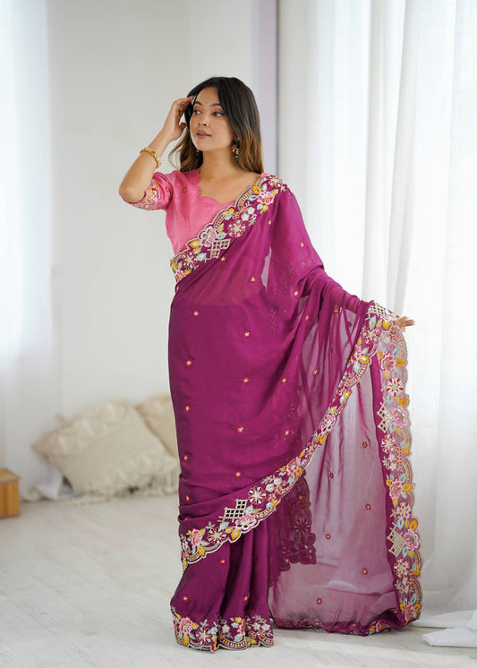 Purple Color Premium Noha Crush With Embroidery Work Saree