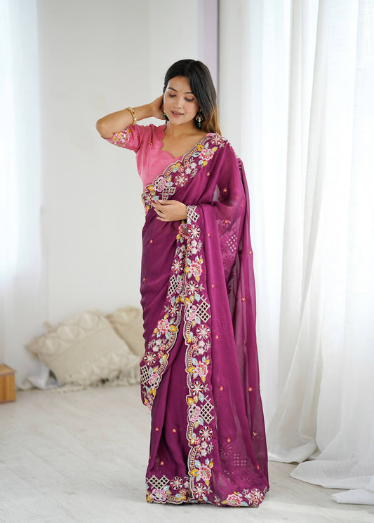 Purple Color Premium Noha Crush With Embroidery Work Saree