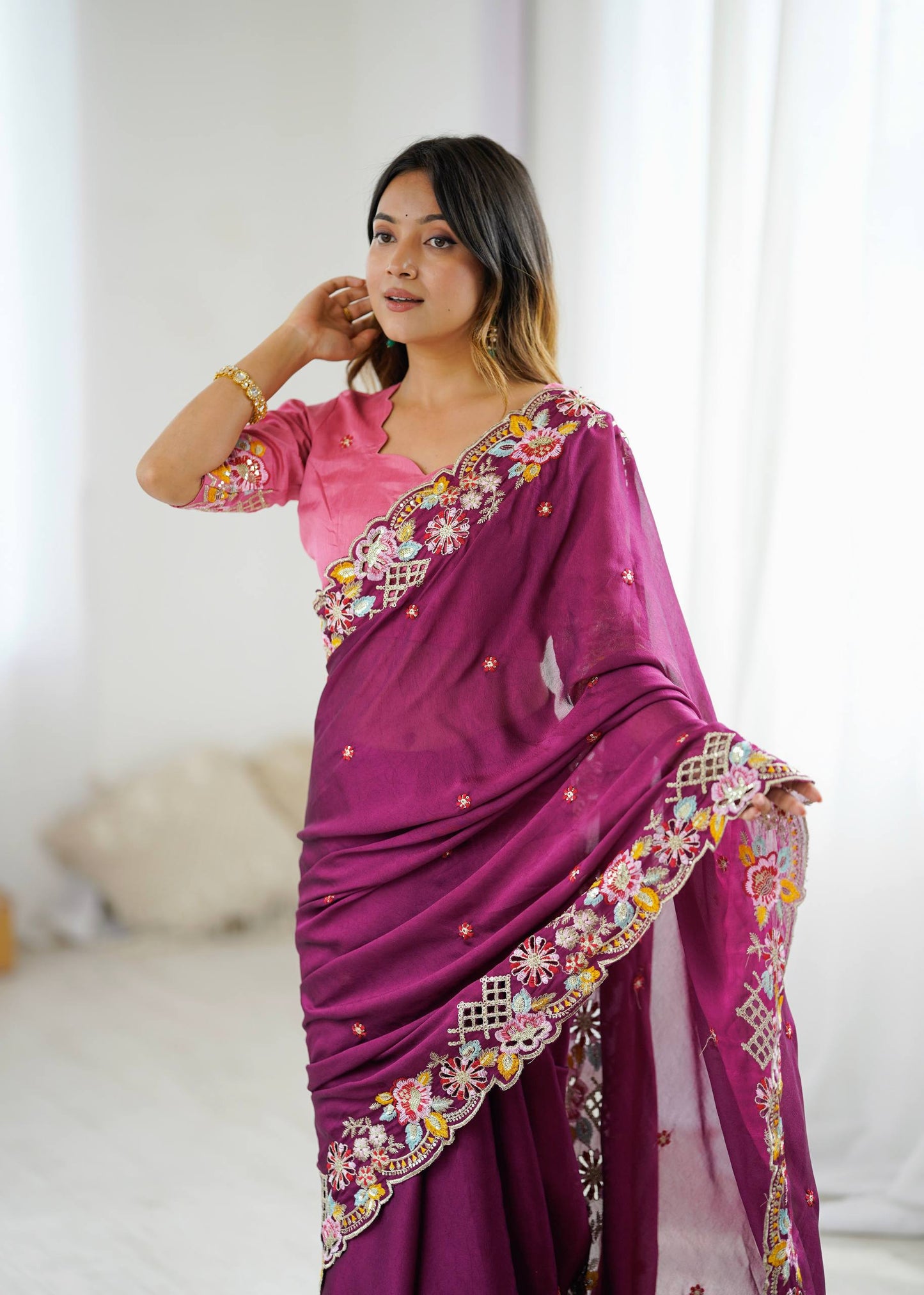 Purple Color Premium Noha Crush With Embroidery Work Saree