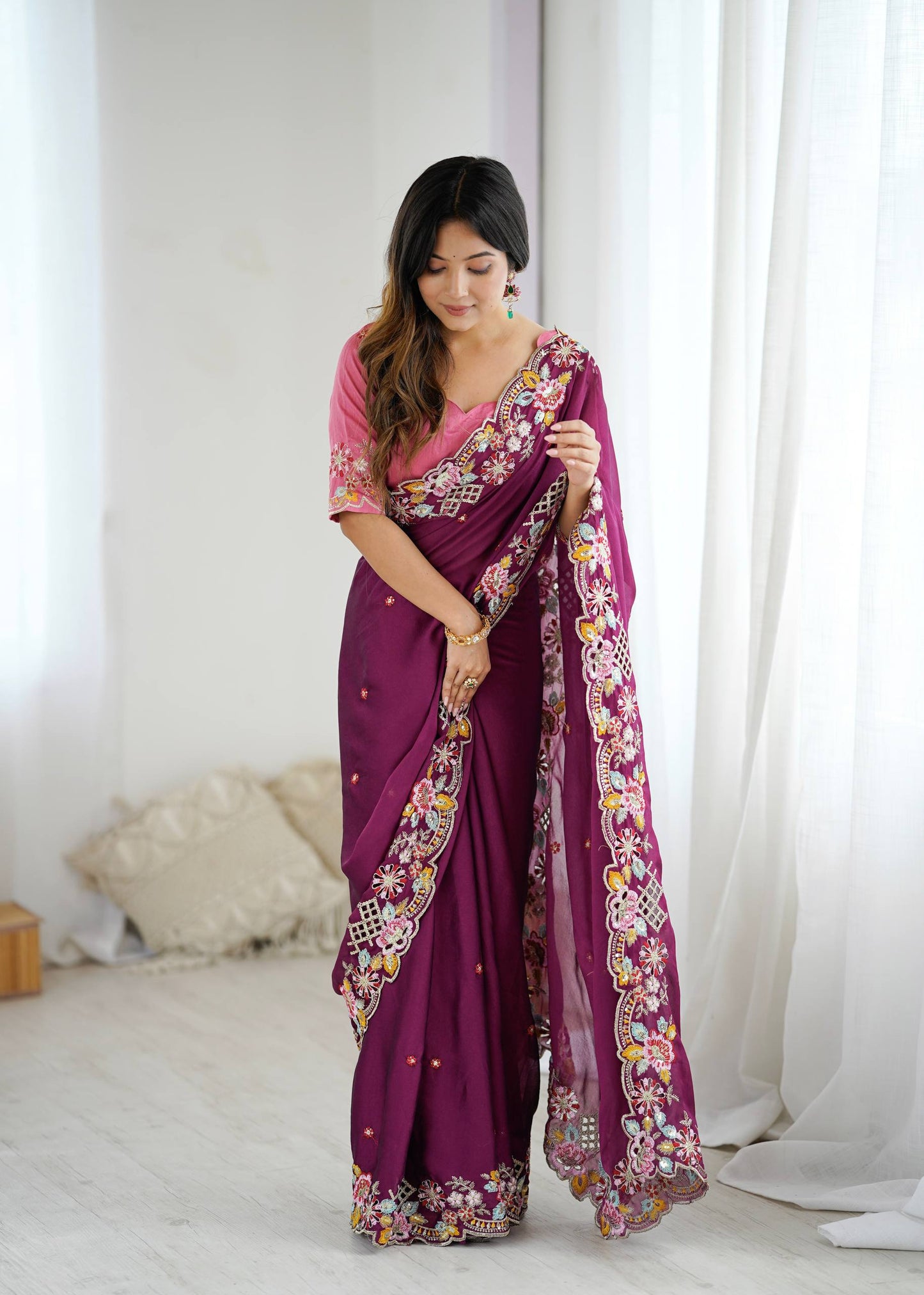 Purple Color Premium Noha Crush With Embroidery Work Saree