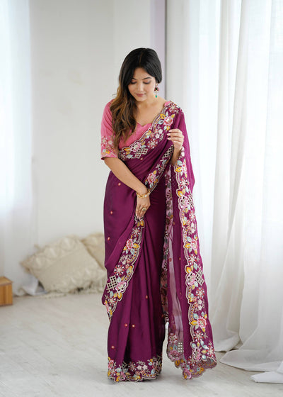 Purple Color Premium Noha Crush With Embroidery Work Saree