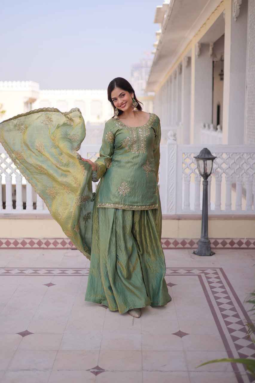 Pista Green Color Mahendi Function Wear Sequence Work Sharara Suit