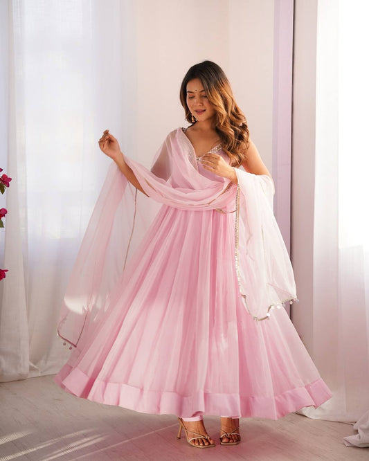 Baby Pink Color Georgette With Hotfix Work Anarkali Suit