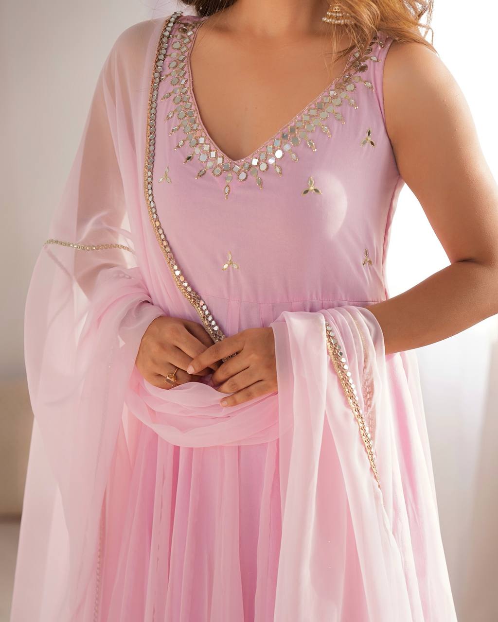 Baby Pink Color Georgette With Hotfix Work Anarkali Suit