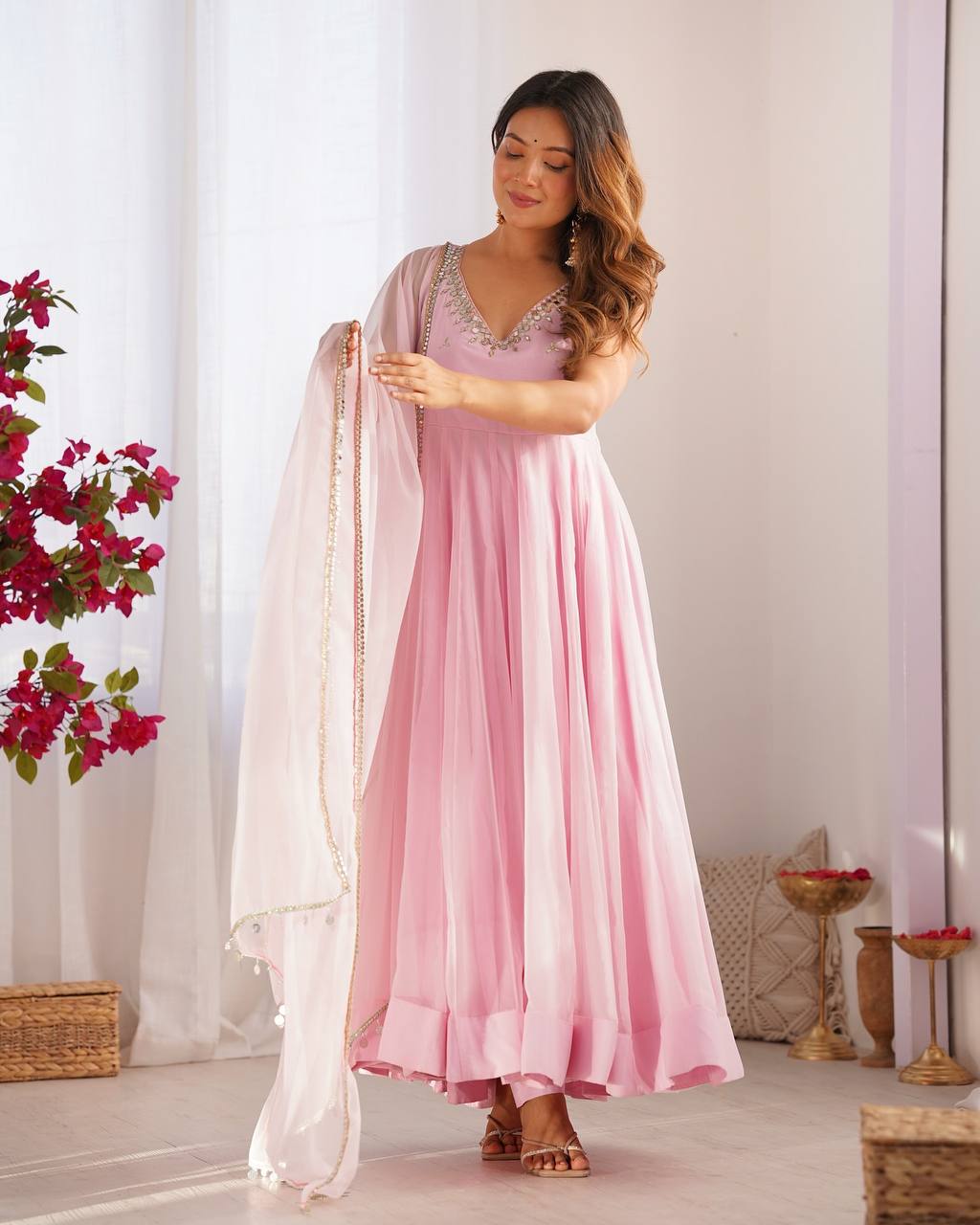 Baby Pink Color Georgette With Hotfix Work Anarkali Suit