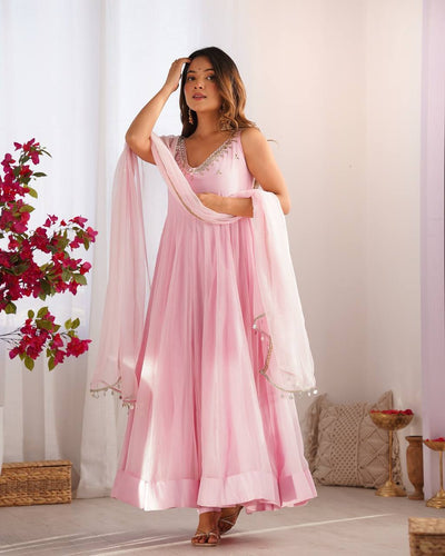 Baby Pink Color Georgette With Hotfix Work Anarkali Suit