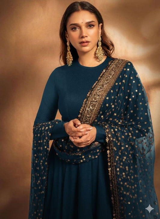 Rama Color Georgette With Embroidery And Sequence Work Anarkali Gown and Dupatta