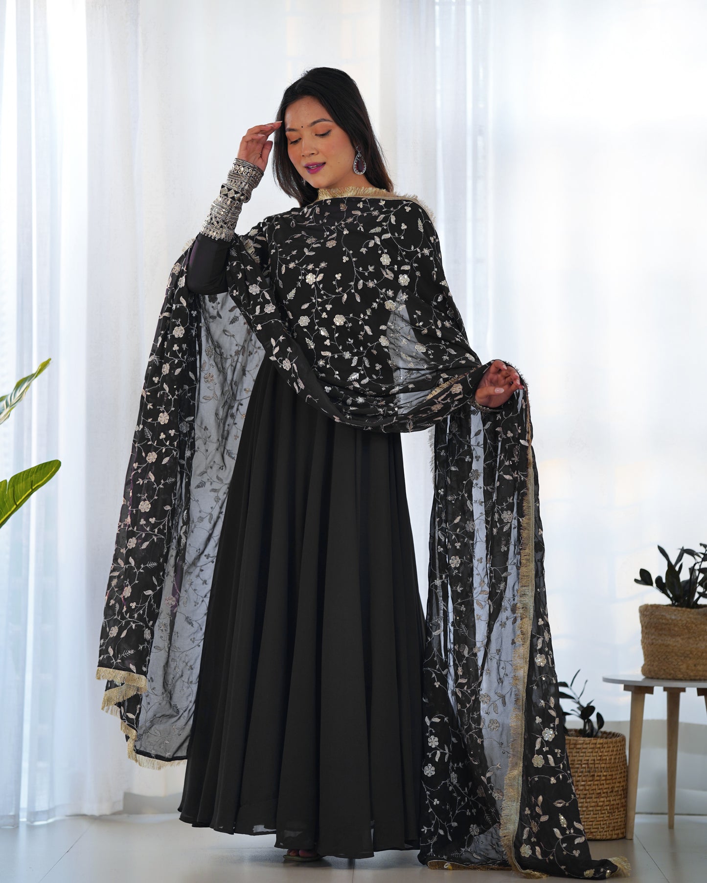 Festive Wear Black Color Embroidery With Sequence Work Gown With Dupatta