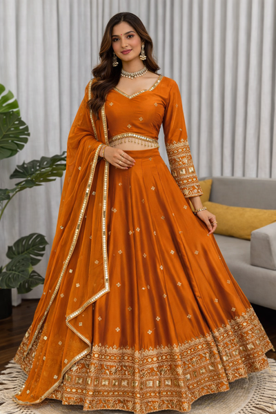 Rust Orange Color Japan Satin Silk Sequence Work Lehenga Choli