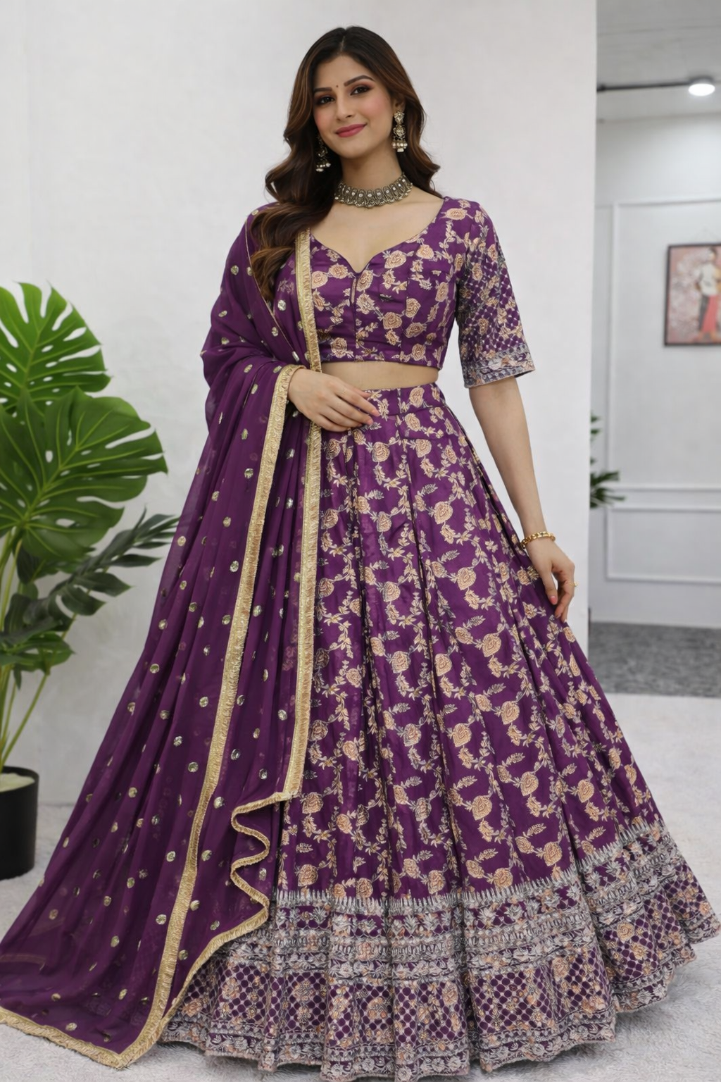 Purple Jequard Silk Wedding Wear Lehnega Choli