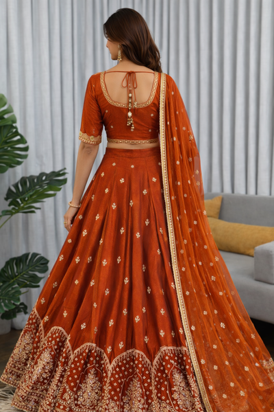 Wedding Wear Dark Orange Color Sequence With Thread Work Lehenga Choli