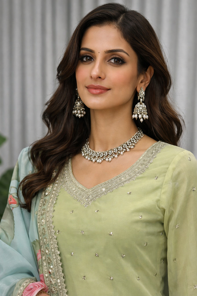 Pista Green Color Heavy Work Wear Sharara Suit For Wedding