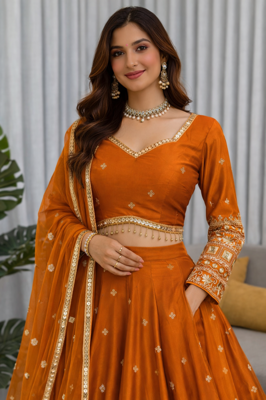 Rust Orange Color Japan Satin Silk Sequence Work Lehenga Choli