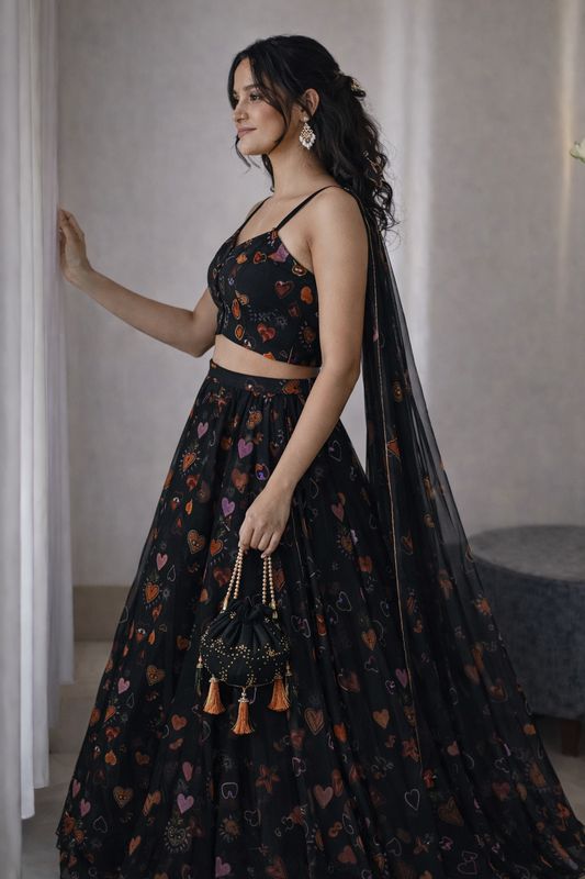 Classy Black Color Hand Painted Lehenga Choli For Festive