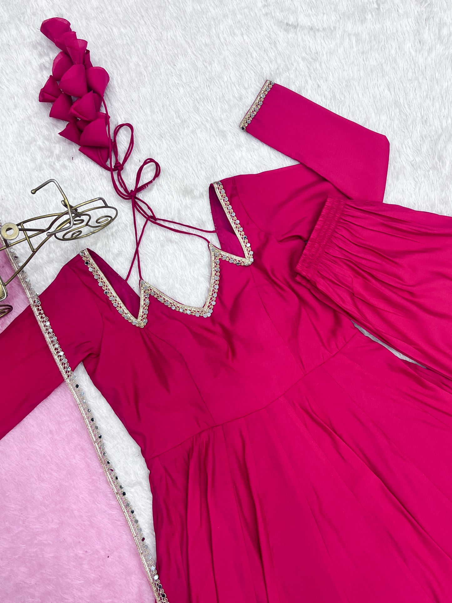 Pink Color Chanderi Silk Wear Three Piece Anarkali Suit For Festive