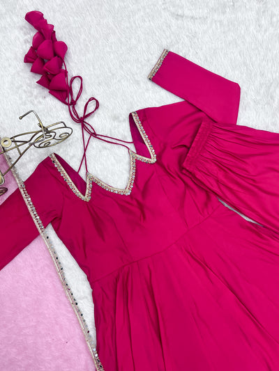 Pink Color Chanderi Silk Wear Three Piece Anarkali Suit For Festive