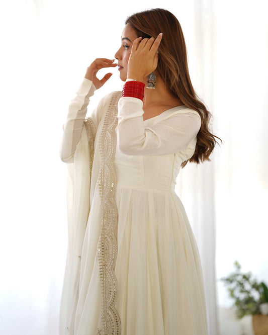 Classy White Color Roman Silk Wear Fully Flair Anarkali Gown With Dupatta