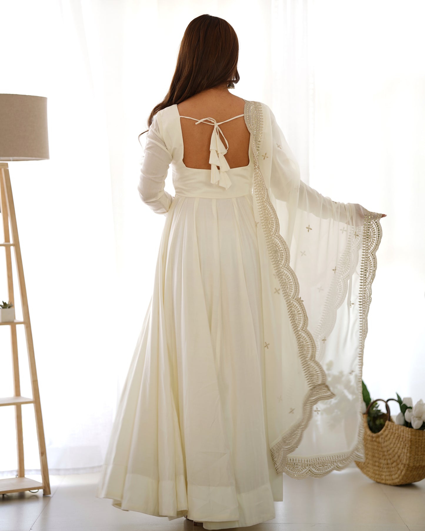 Classy White Color Roman Silk Wear Fully Flair Anarkali Gown With Dupatta