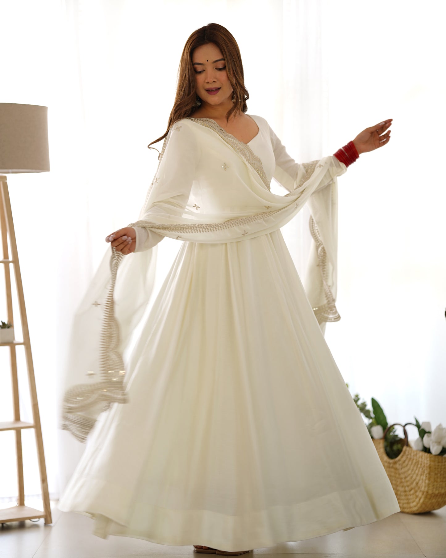Classy White Color Roman Silk Wear Fully Flair Anarkali Gown With Dupatta