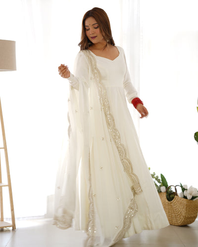 Classy White Color Roman Silk Wear Fully Flair Anarkali Gown With Dupatta