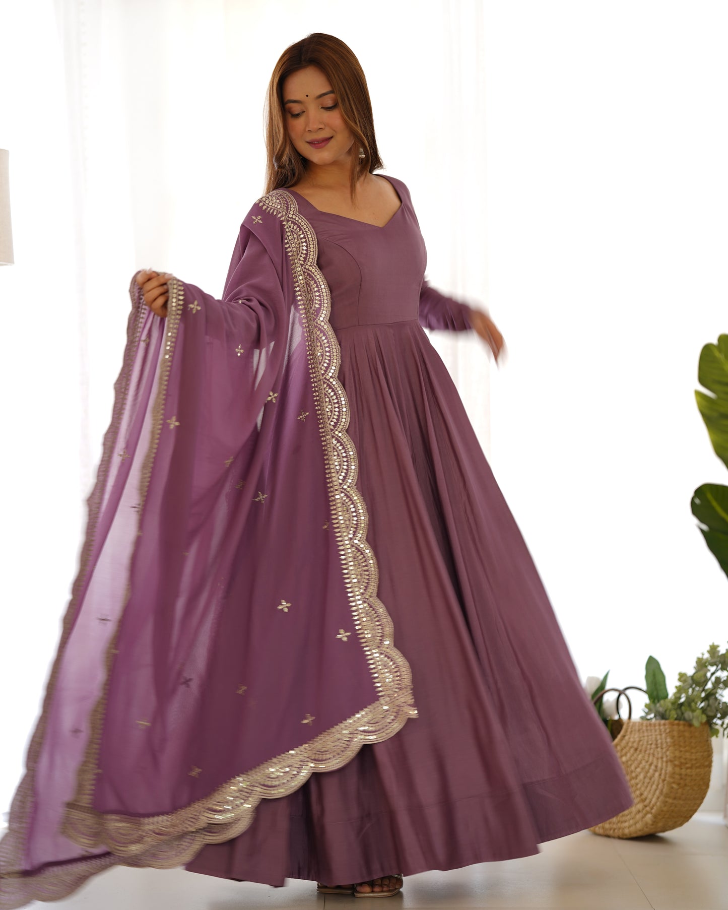 Purple Color Festive Wear Gown With Dupatta