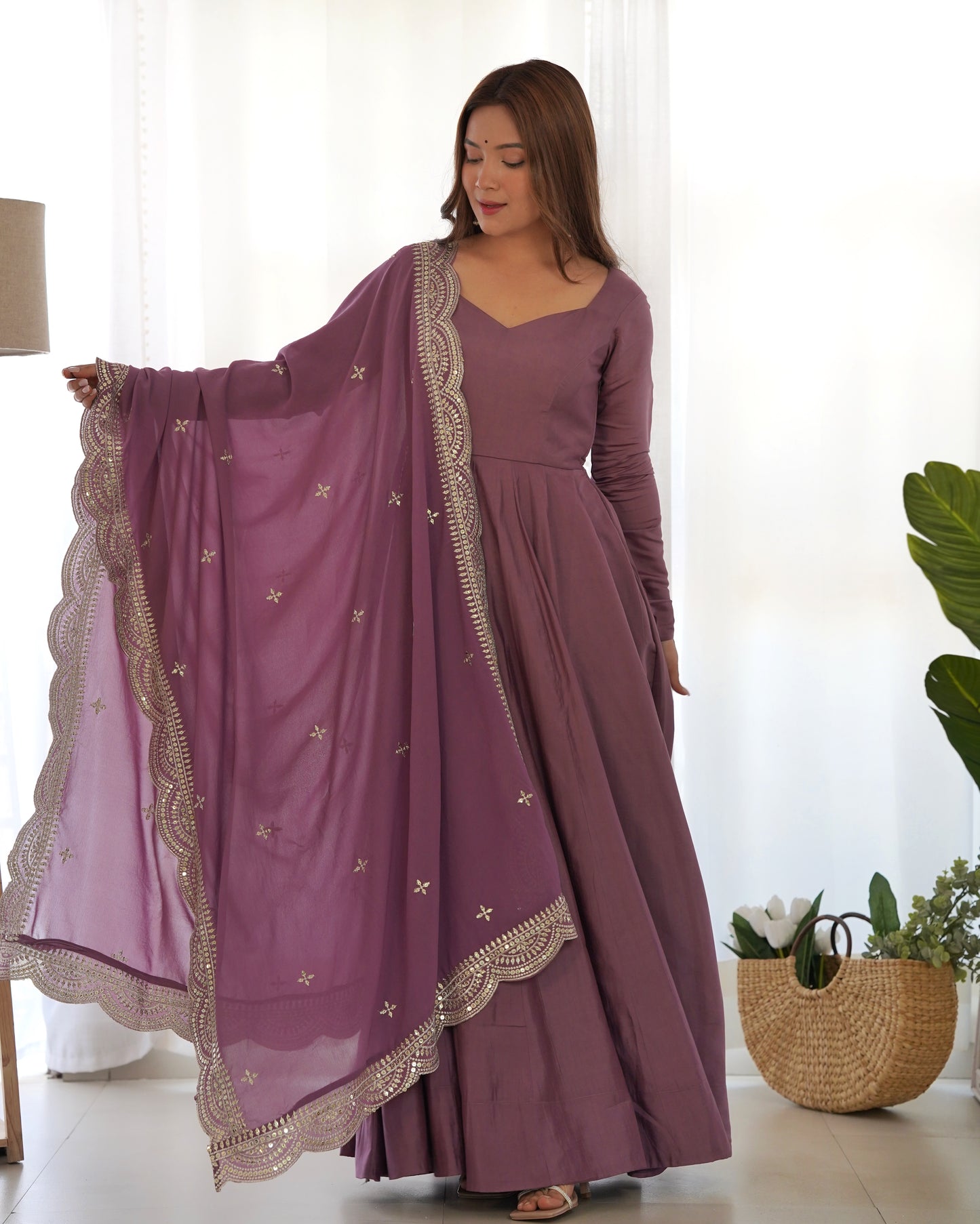 Purple Color Festive Wear Gown With Dupatta