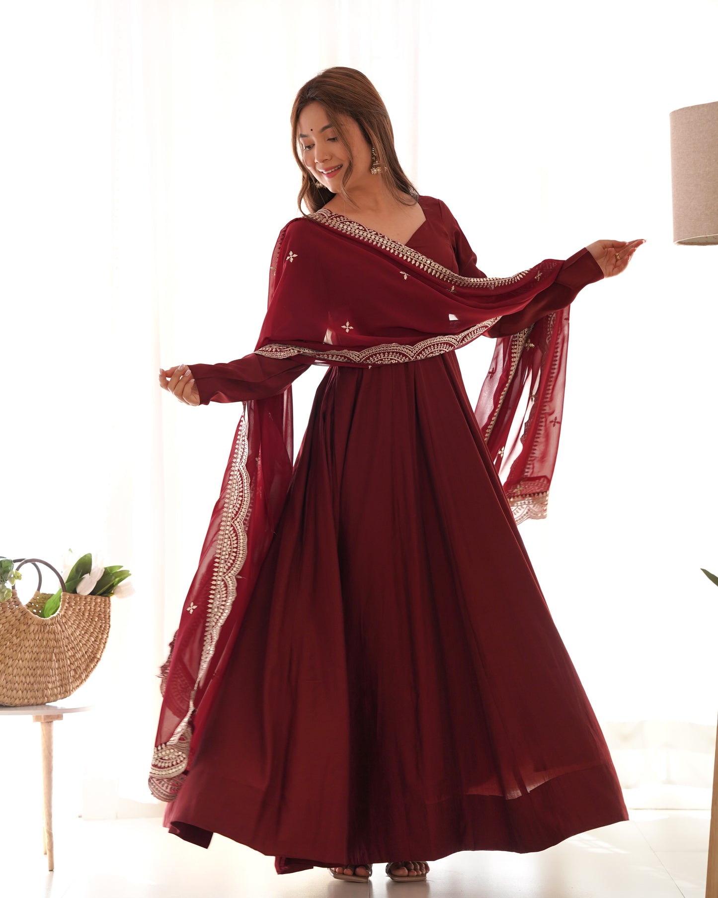 Maroon Color Roman Silk Wear Anarkali Gown With Heavy Dupatta
