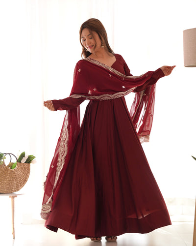 Maroon Color Roman Silk Wear Anarkali Gown With Heavy Dupatta