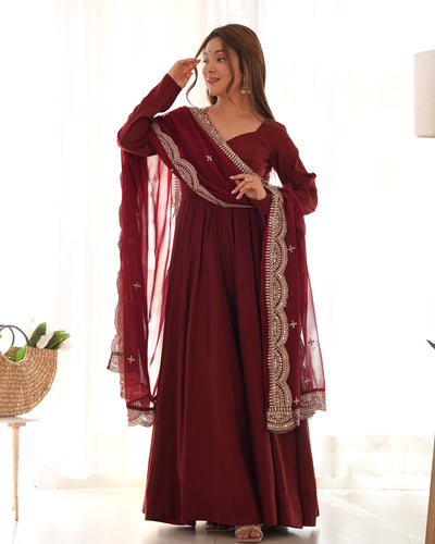 Maroon Color Roman Silk Wear Anarkali Gown With Heavy Dupatta