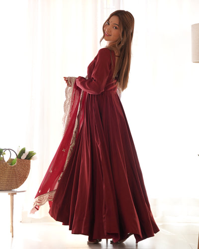 Maroon Color Roman Silk Wear Anarkali Gown With Heavy Dupatta