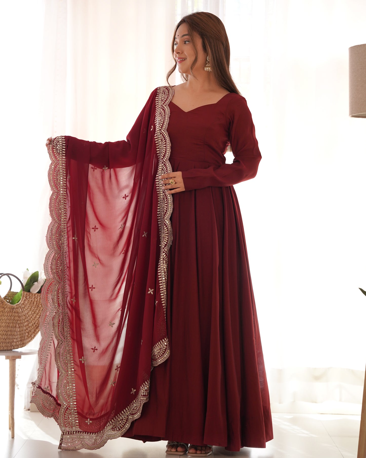 Maroon Color Roman Silk Wear Anarkali Gown With Heavy Dupatta