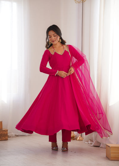 Pink Color Chanderi Silk Wear Three Piece Anarkali Suit For Festive