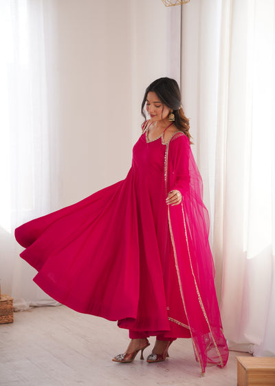 Pink Color Chanderi Silk Wear Three Piece Anarkali Suit For Festive