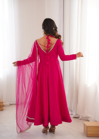 Pink Color Chanderi Silk Wear Three Piece Anarkali Suit For Festive