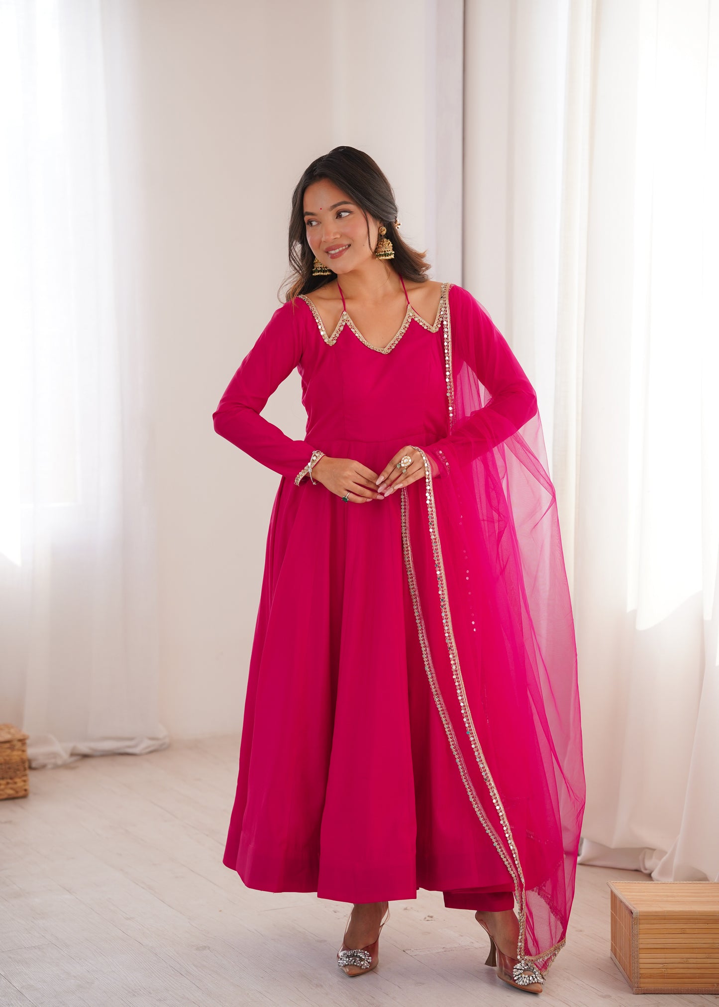 Pink Color Chanderi Silk Wear Three Piece Anarkali Suit For Festive
