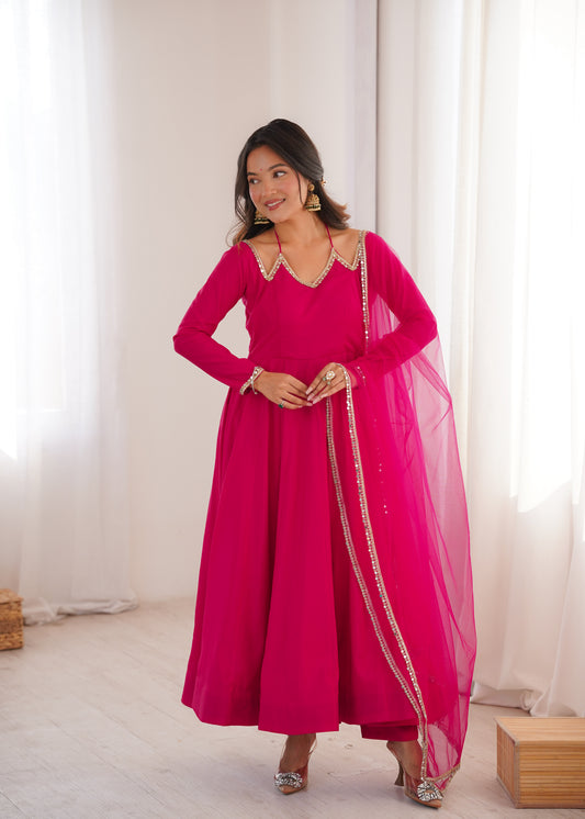 Pink Color Chanderi Silk Wear Three Piece Anarkali Suit For Festive