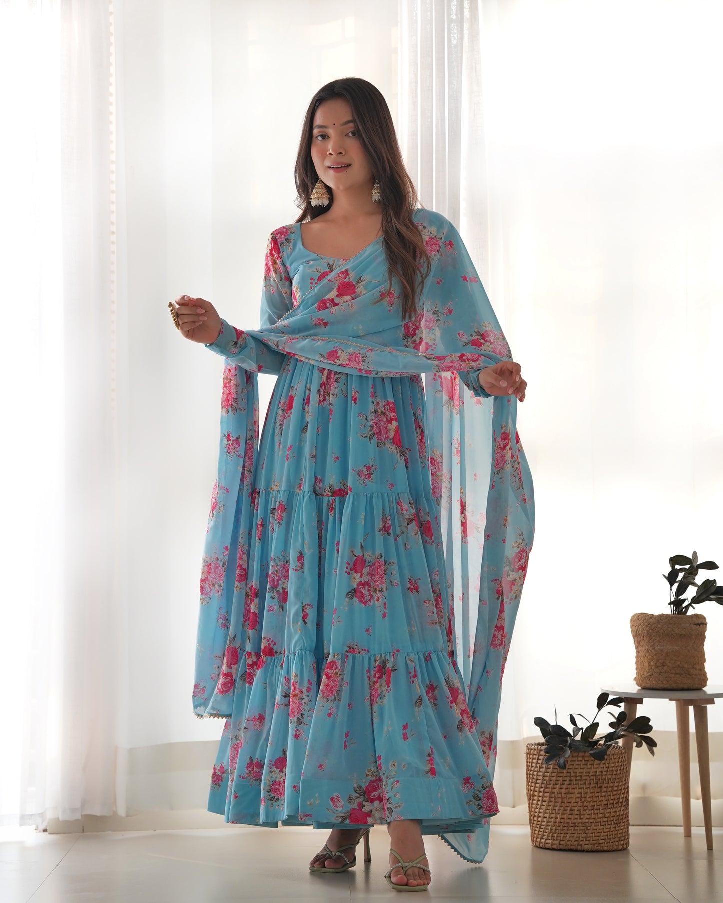 Women's Sky Blue Color Floral Printed Long Anarkali Suit