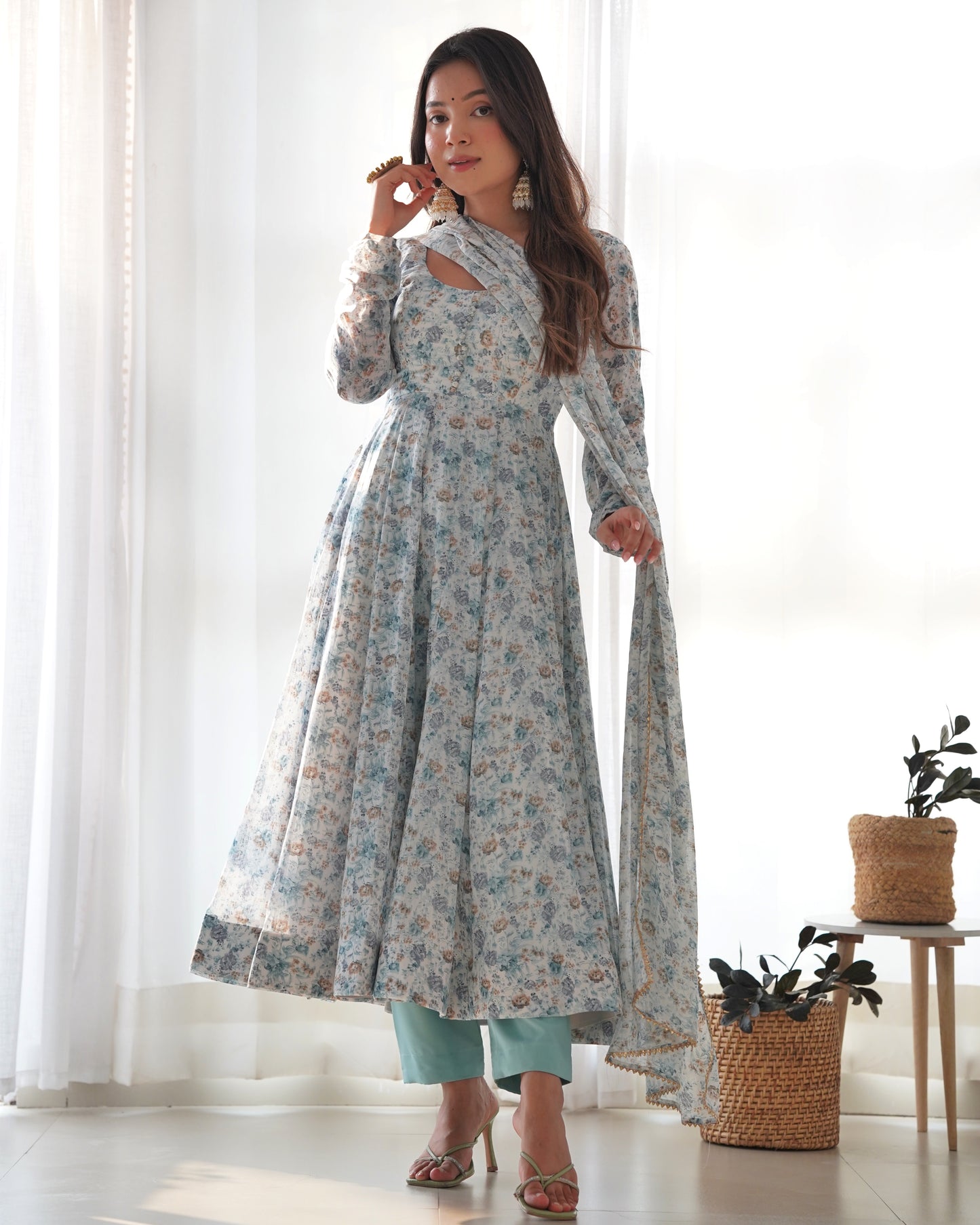 Sky Blue Color Floral Printed Anarkali Suit